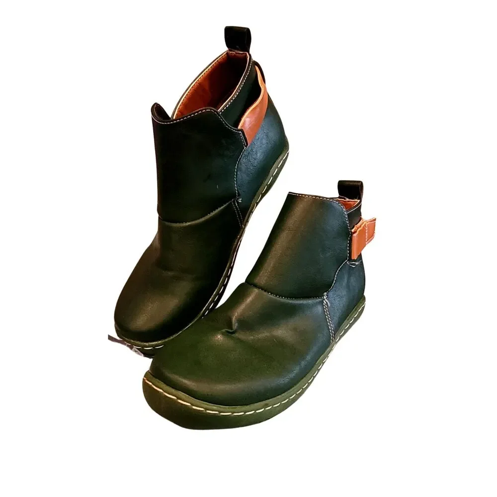 Faux Leather Emerald Green and Tan Booties Ankle Boot Rubber Sole EU38 7.5US